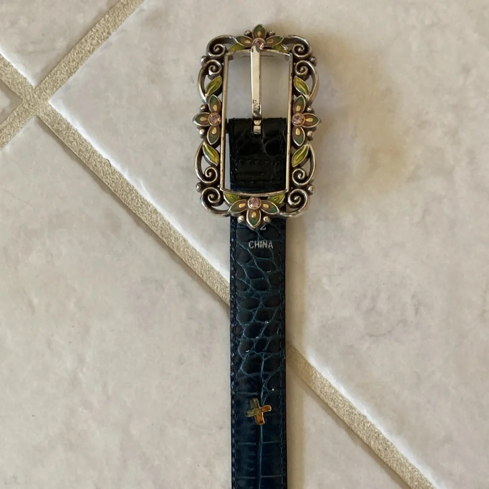 Brighton Slim Black Leather Belt with Ornate Silver Buckle
